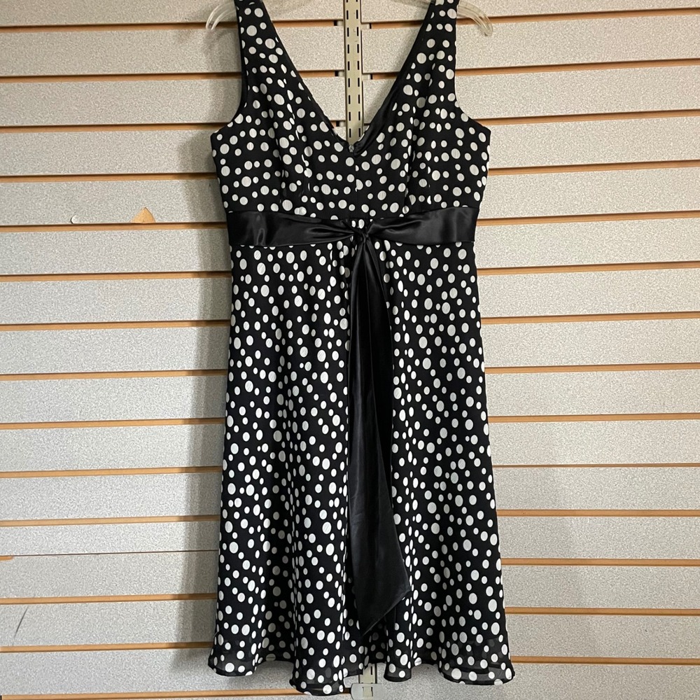 Womens Black White Polka Dot V Neck Satin Bow Sleeveless Dress Size 10